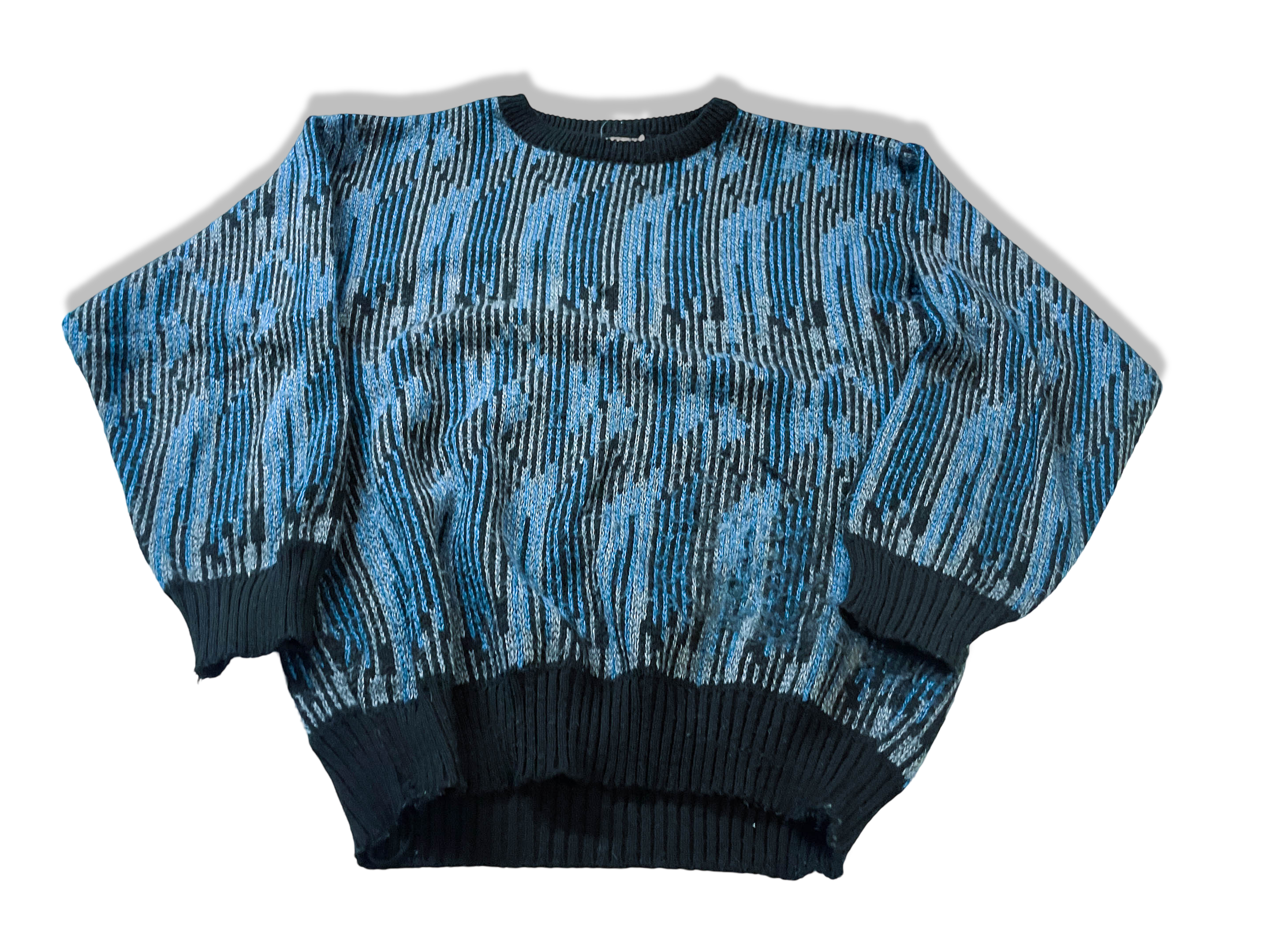 Vintage MarkAsion blue geometric print crew neck knitted 90's sweater in L|L26 W20| SKU 3986