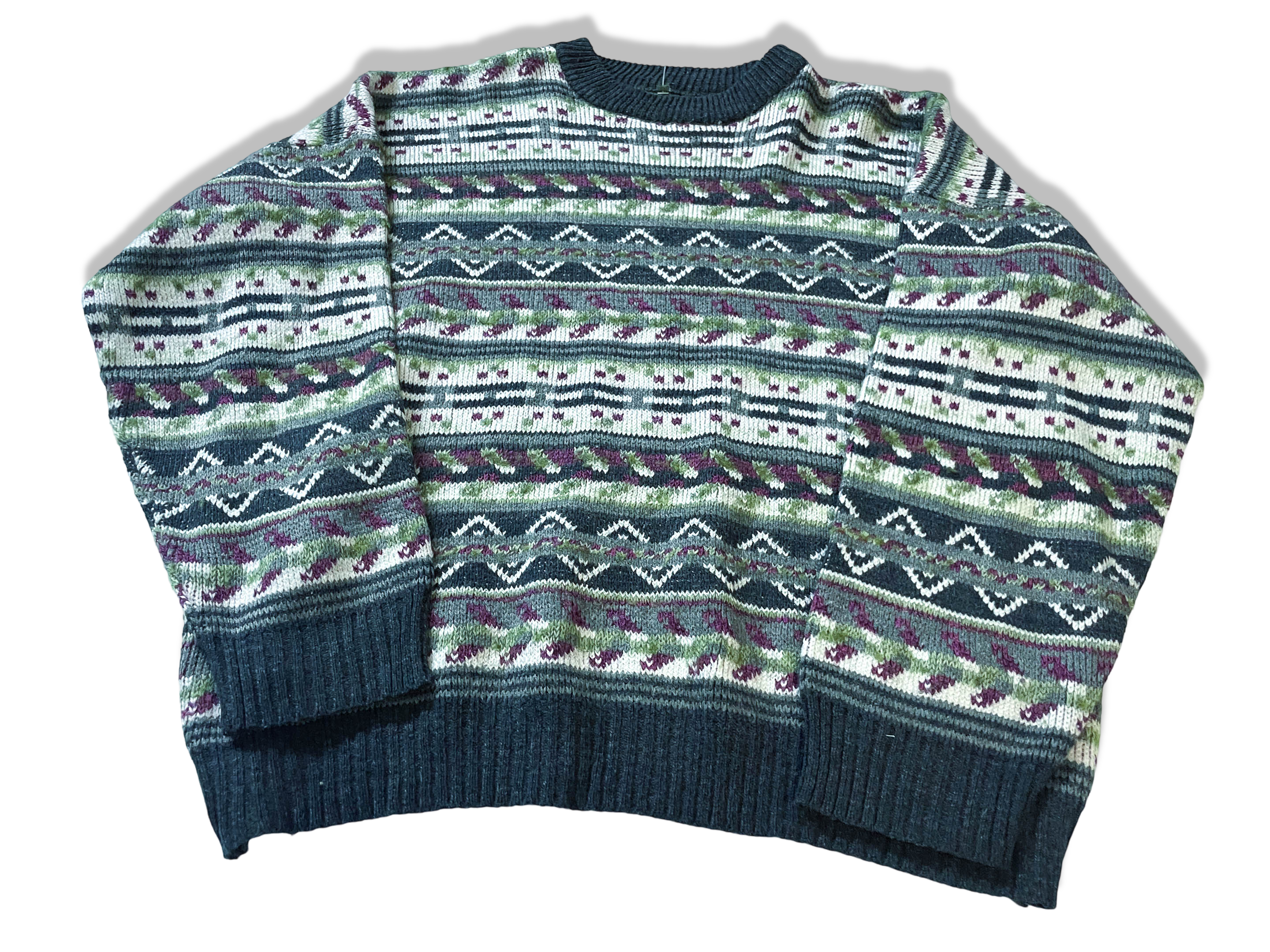 Vintage Multi stripe geometric pattern knitted crew neck sweater in S/M|L25 W24| SKU 3989