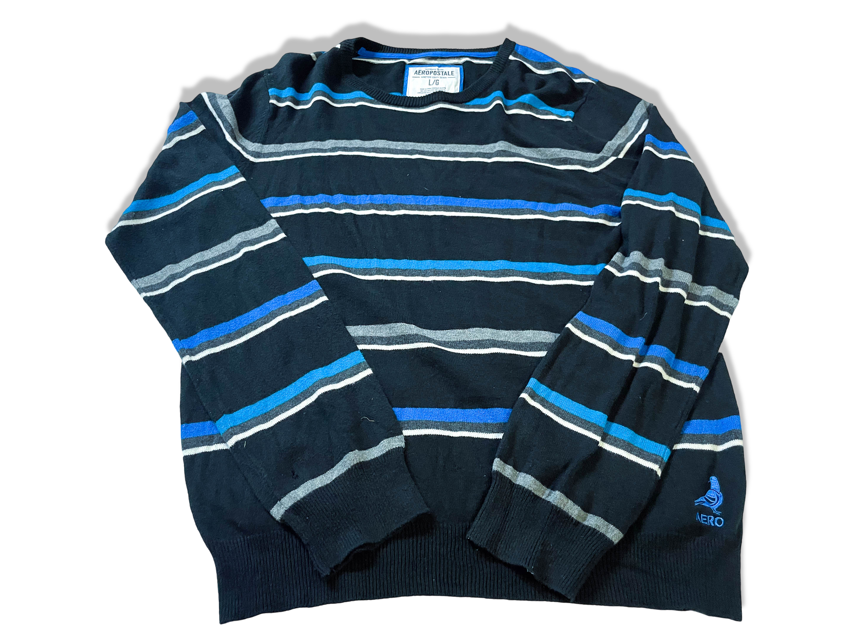Vintage Men's 90's Aeropostale blue multi stripe sweatshirt in L|L28 W21|SKU 3991