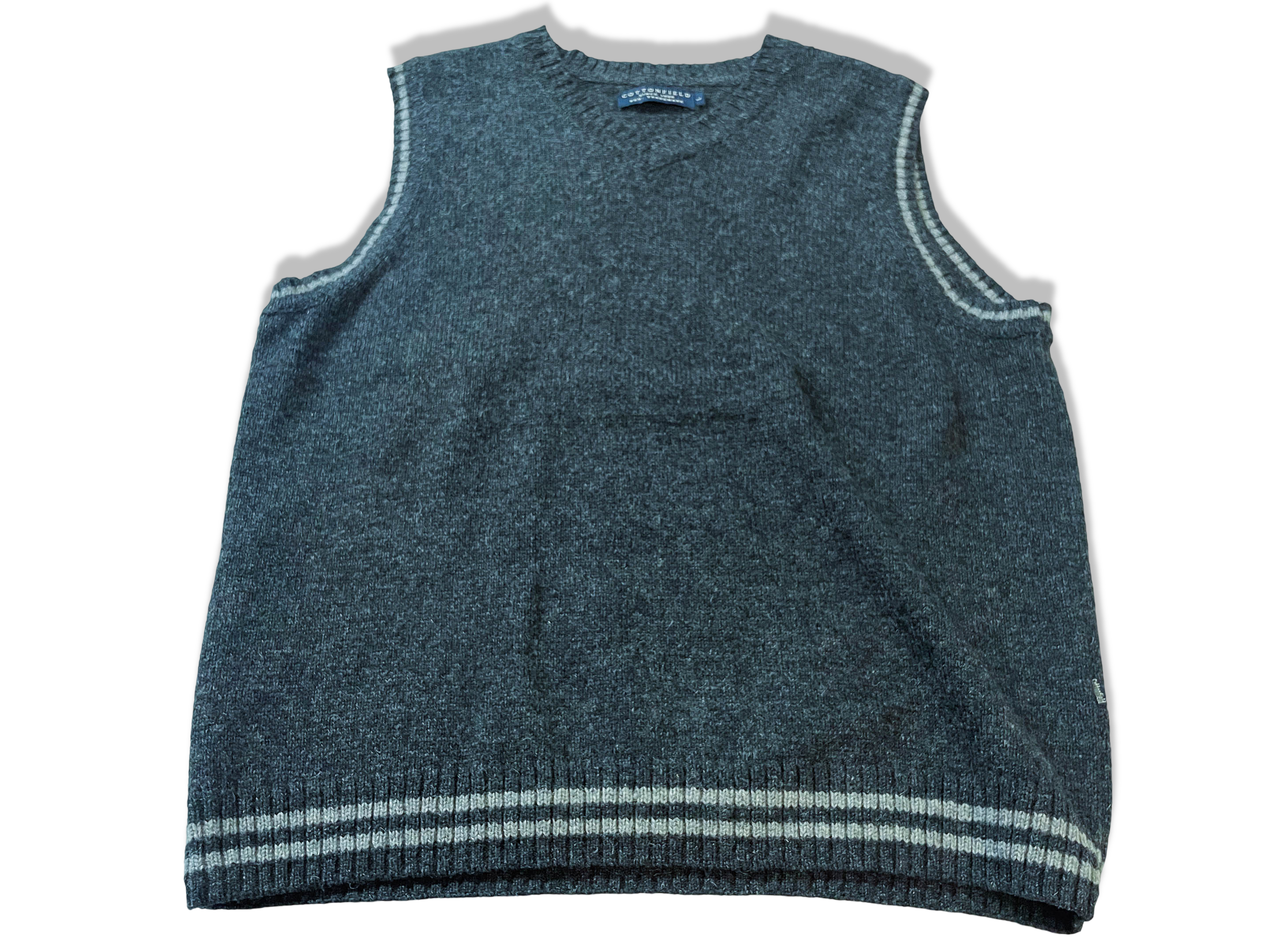 Vintage Men's Cottonfield wool knitted grey V-neck sleeveless sweater in L|L27 W22| SKU 3993