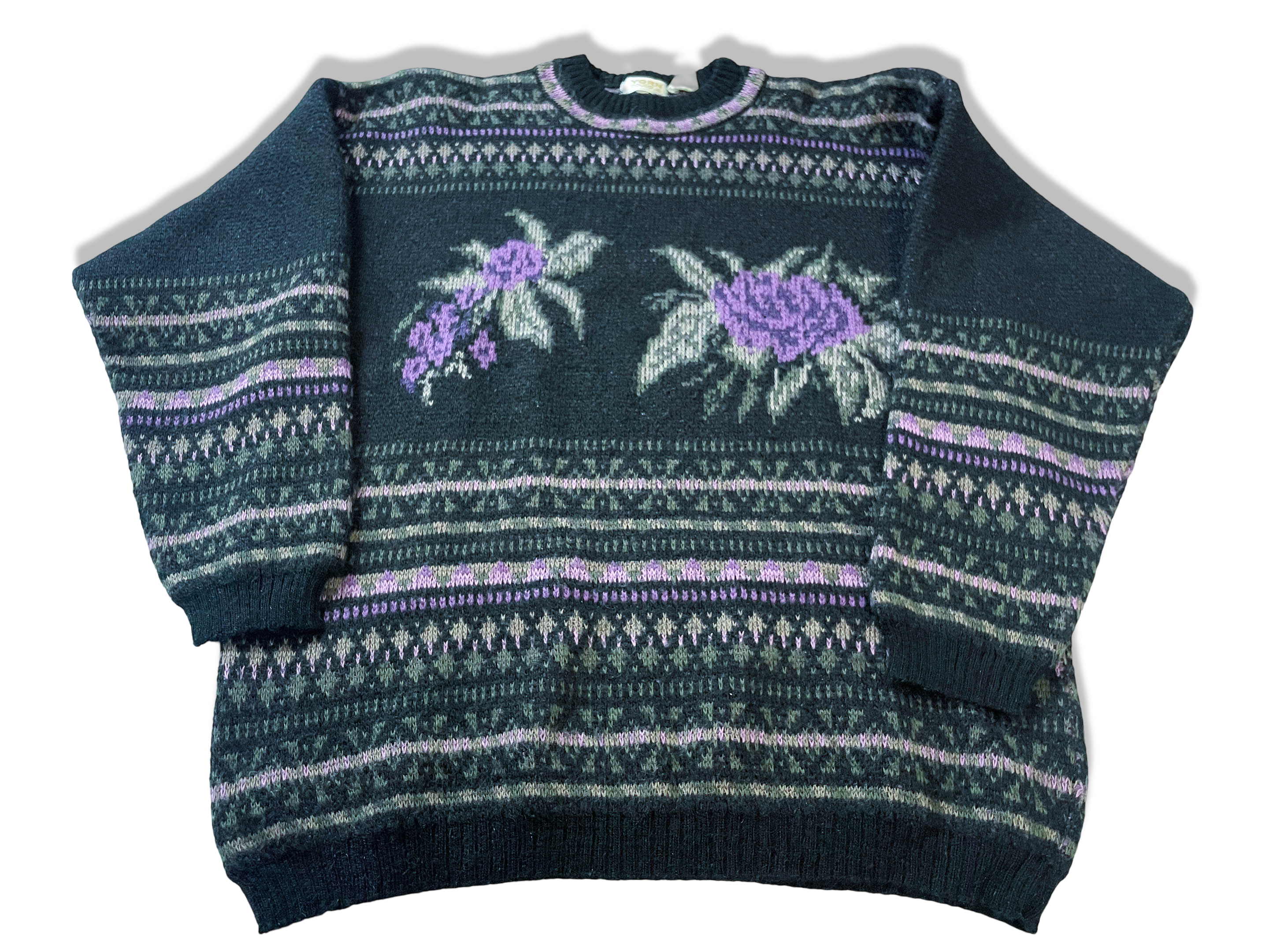 Vintage Yorn Navy blue women's floral geometric pattern knitted sweater in M|L26 W20| SKU 3995