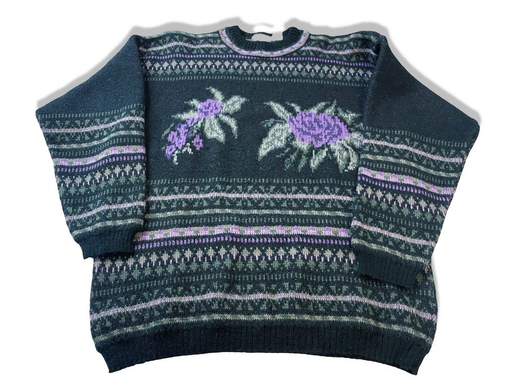 Vintage Yorn Navy blue women's floral geometric pattern knitted sweater in M|L26 W20| SKU 3995