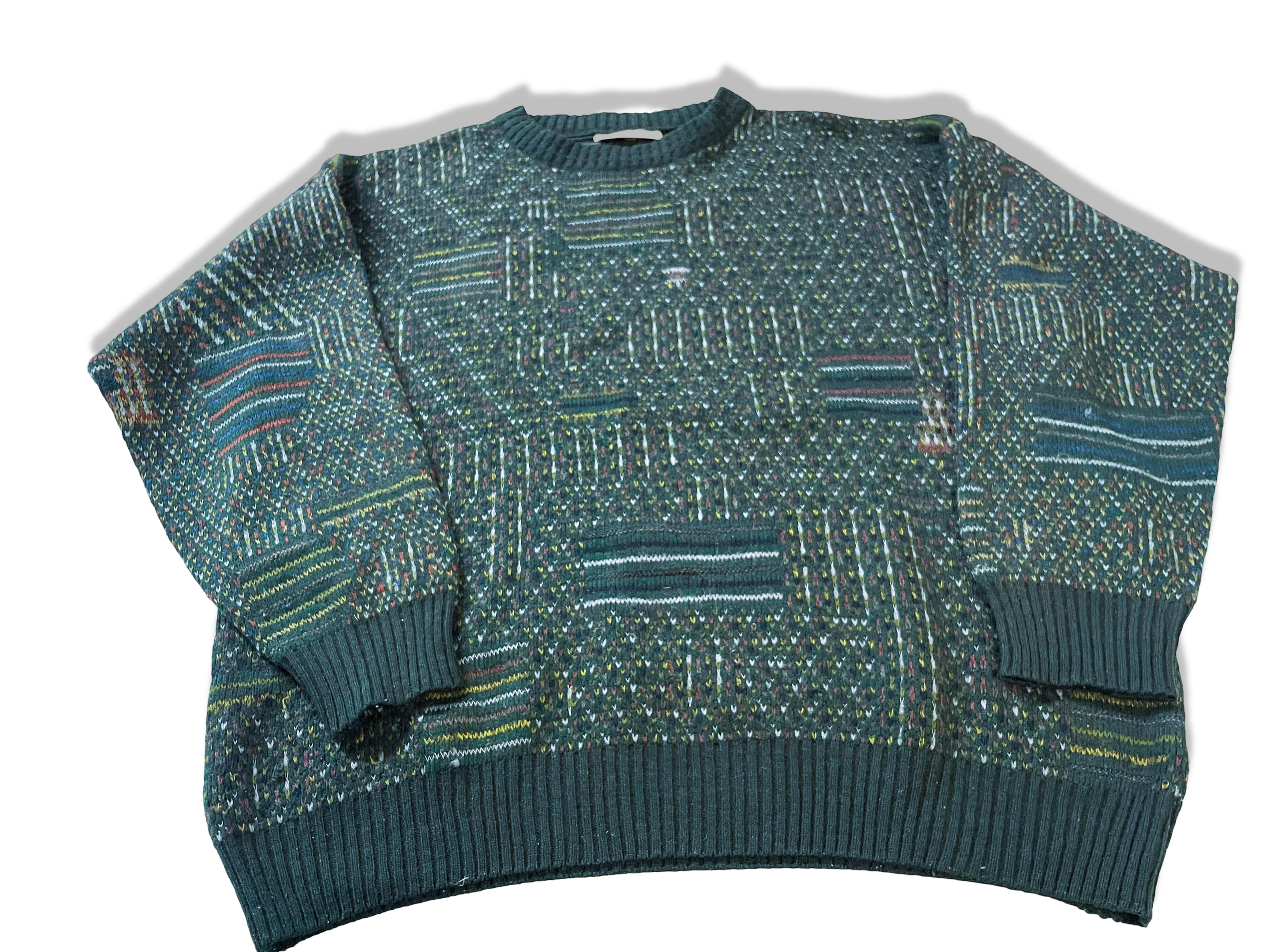 Vintage Sands made in Italy green geometric print knitted sweater in L|L27 W22|SKU 3996
