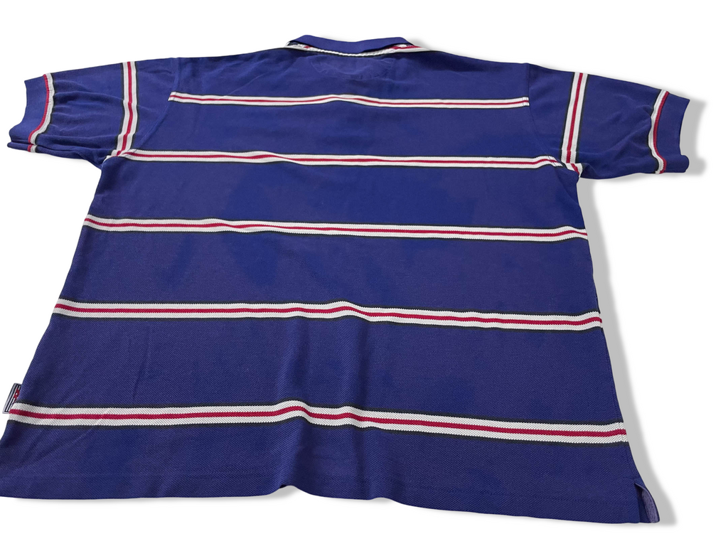 Vintage Men's Reebok Athletics Dept. Blue stripe polo shirt in M|L28 W20|SKU 4140