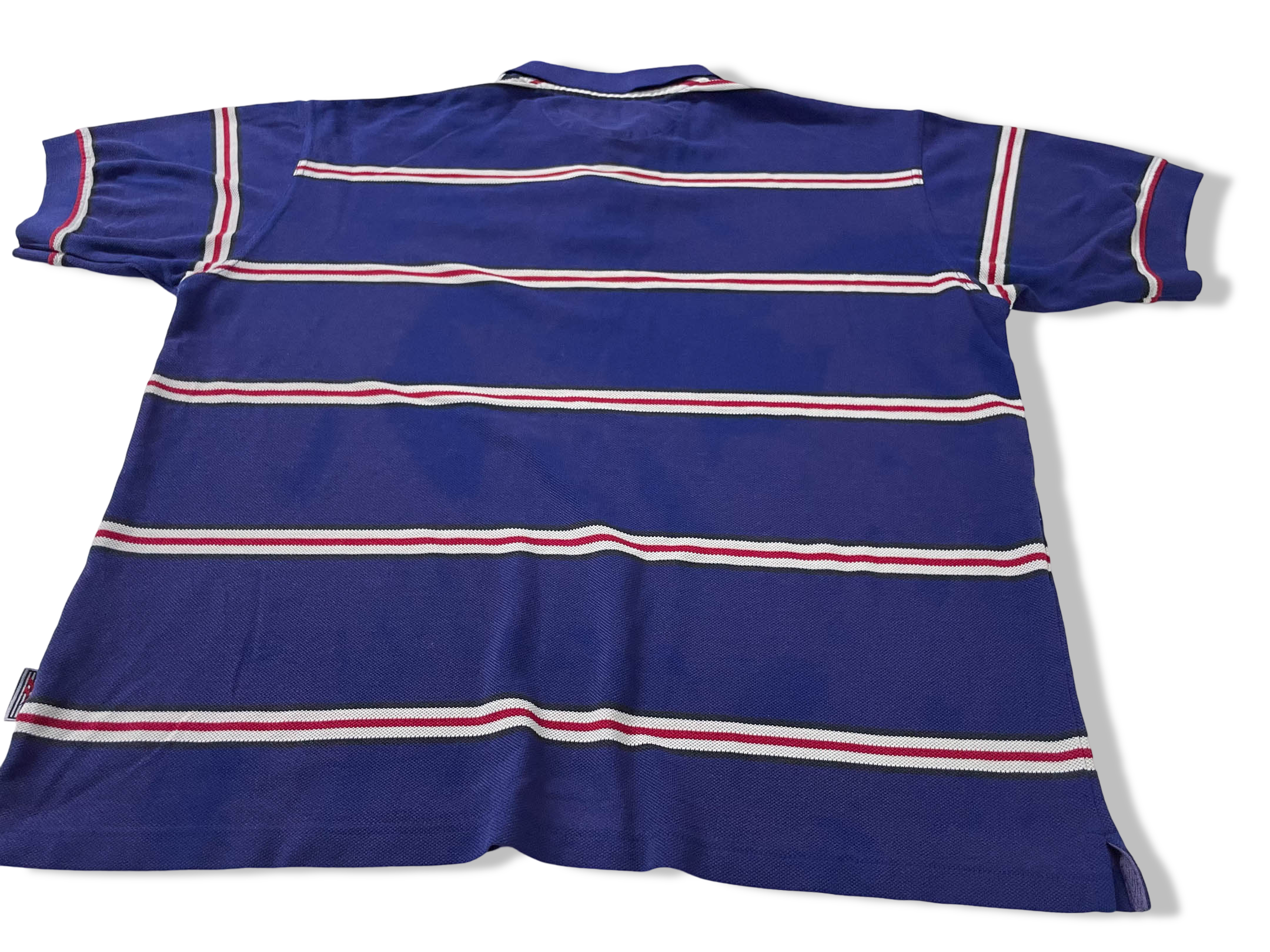 Vintage Men's Reebok Athletics Dept. Blue stripe polo shirt in M|L28 W20|SKU 4140