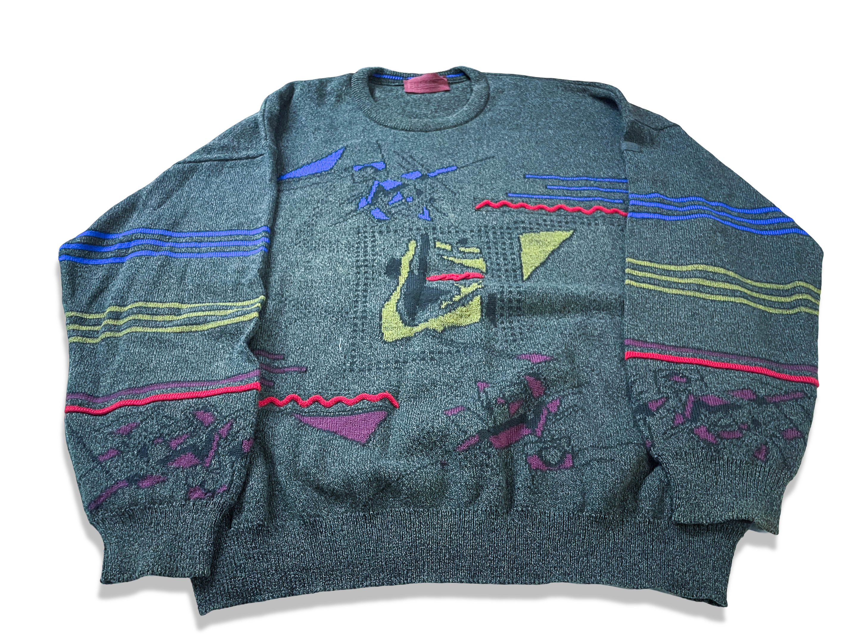 Vintage Buckle grey geometric print knitted sweatshirt in L/XL| L30W26| SKU 3998