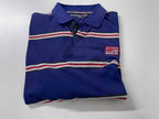 Vintage Men's Reebok Athletics Dept. Blue stripe polo shirt in M|L28 W20|SKU 4140