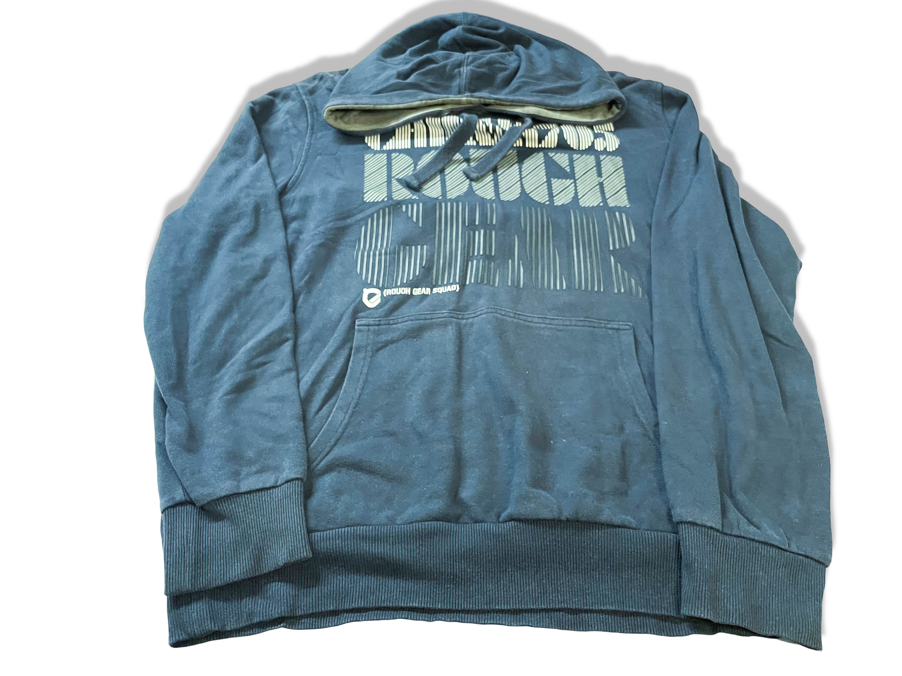 Vintage men's Rough Gear squad denim graphics blue hoodie in L|L29 W23| SKU 4006