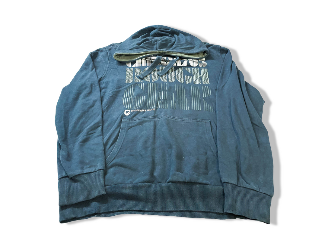 Vintage men's Rough Gear squad denim graphics blue hoodie in L|L29 W23| SKU 4006