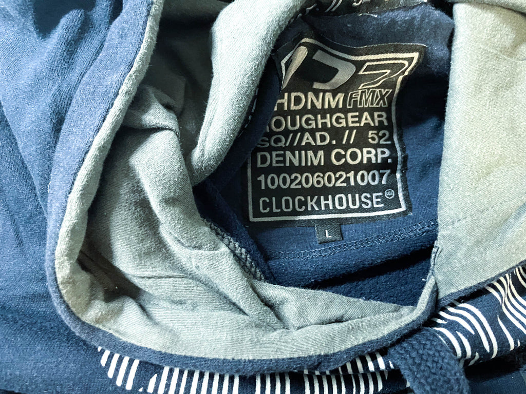 Vintage men's Rough Gear squad denim graphics blue hoodie in L|L29 W23| SKU 4006