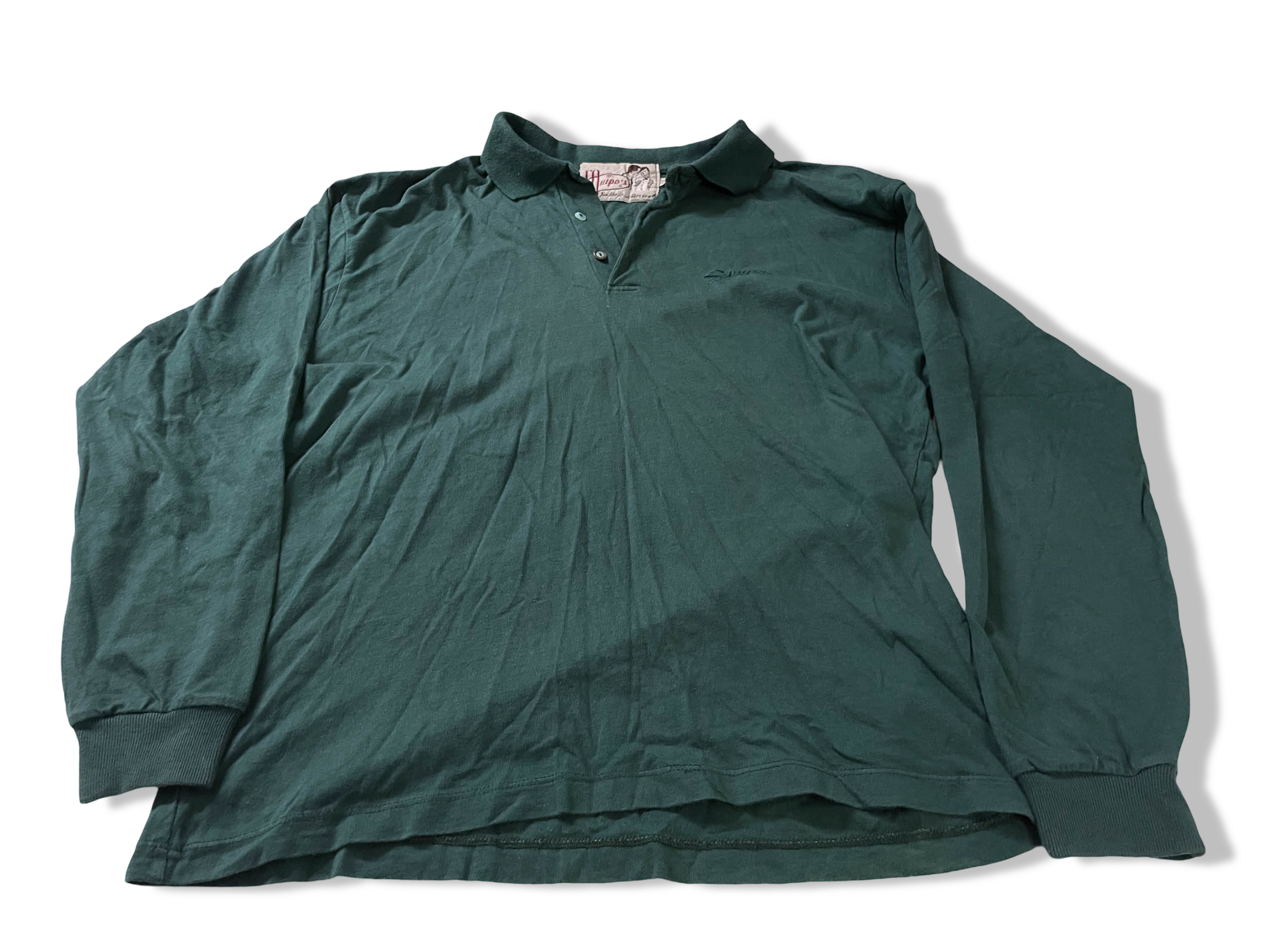 Vintage Men's Equipos long sleeve green polo shirt in S/M|L 27 W21|SKU 4142