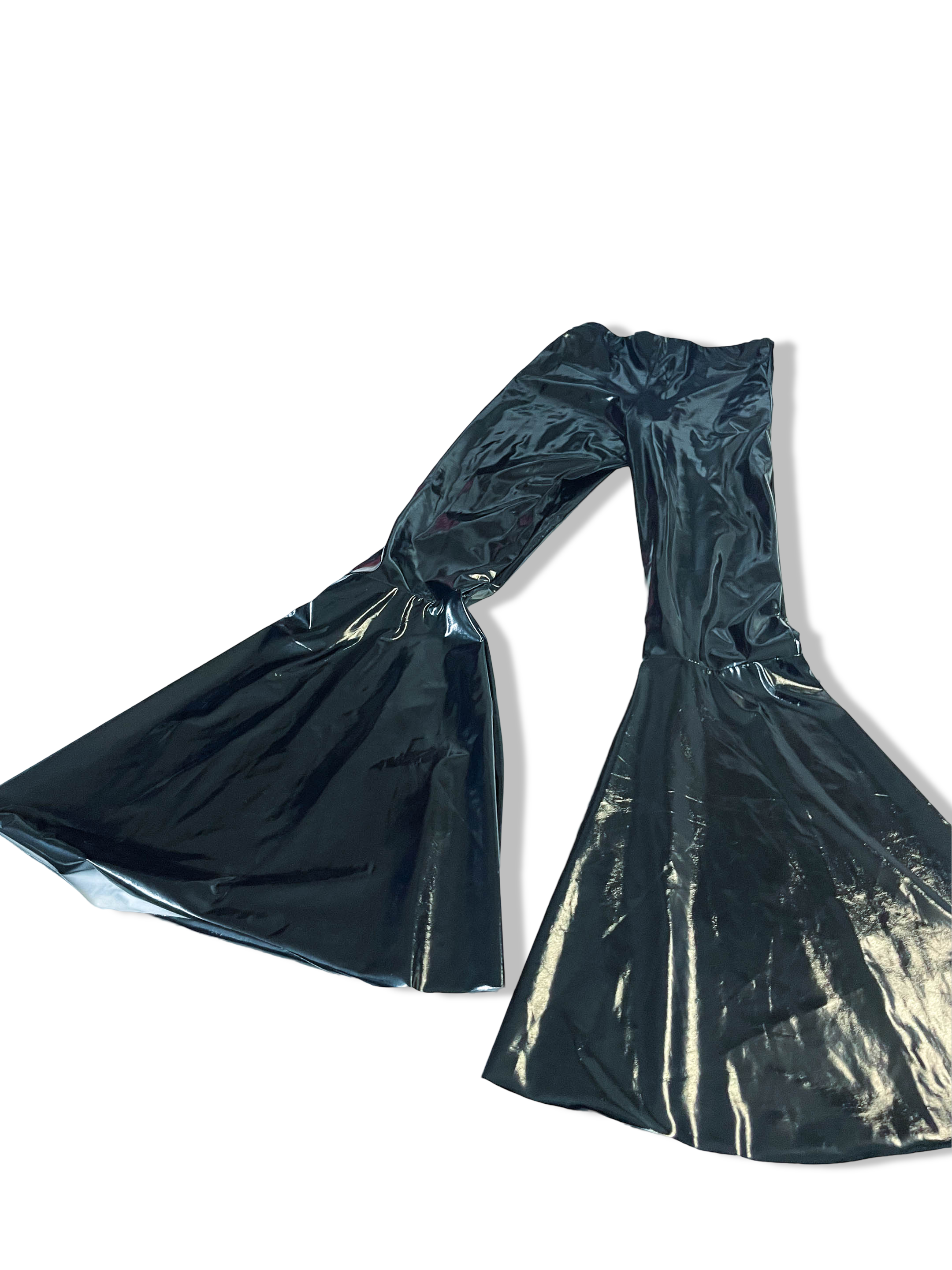 Black women's glossy flare Polyester pant size 6 made in UK with new tag|L30 W22|SKU 4012