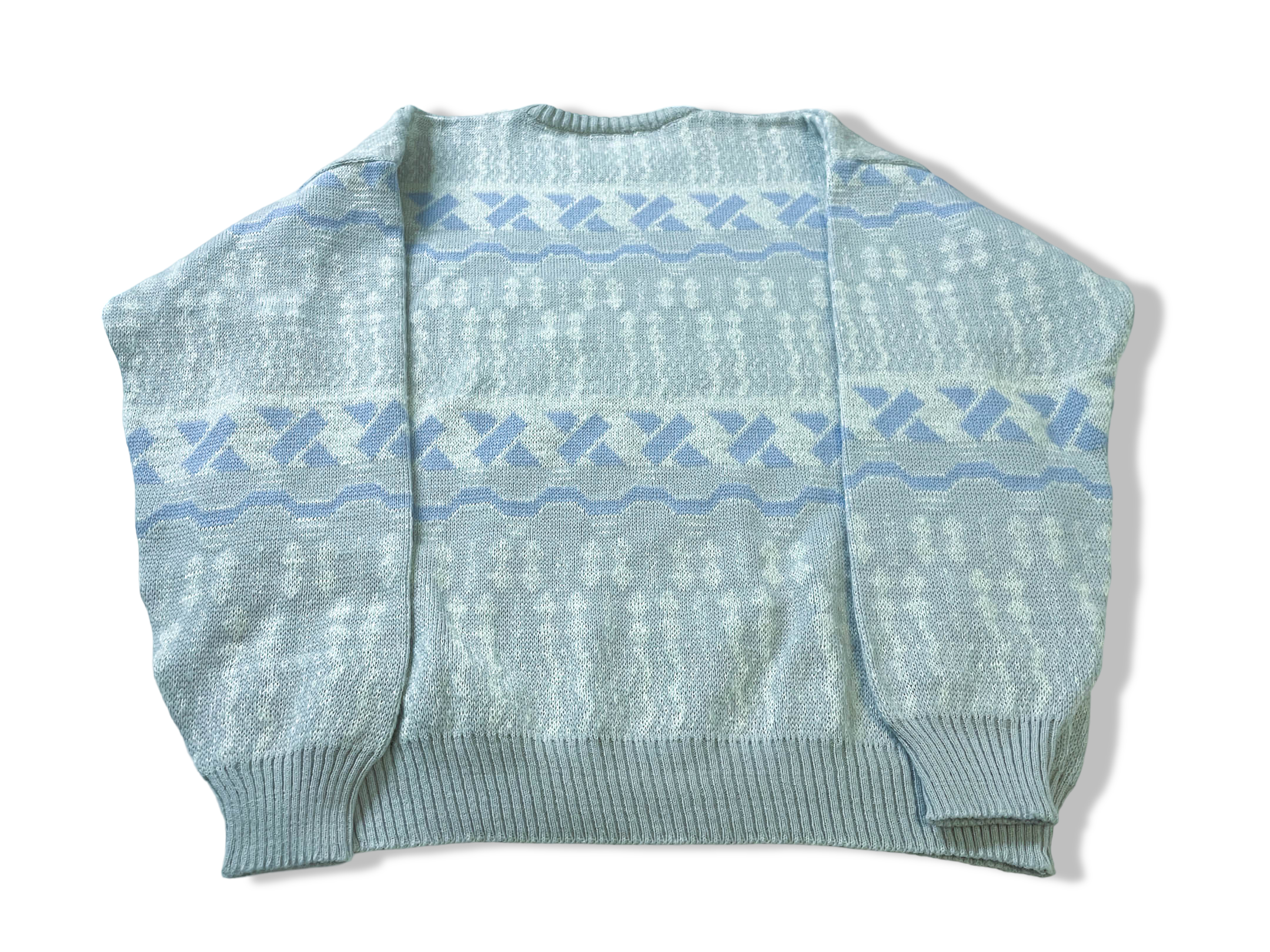 Vintage men's Wolpryla aztec geometric print grey crew neck sweater in M|L27 W22|SLU 4013