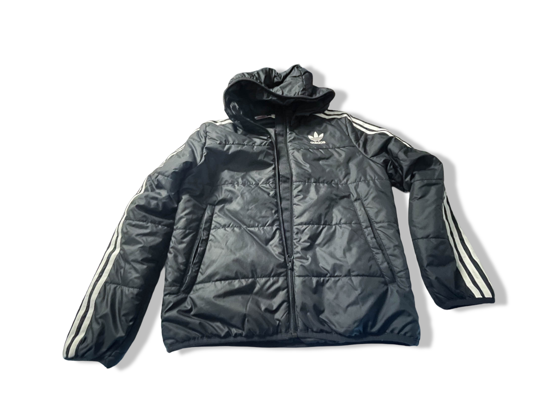 Vintage Women's Adidas adicolor black full zip puffer hoodie jacket in S|L24 W20|SKU 4025