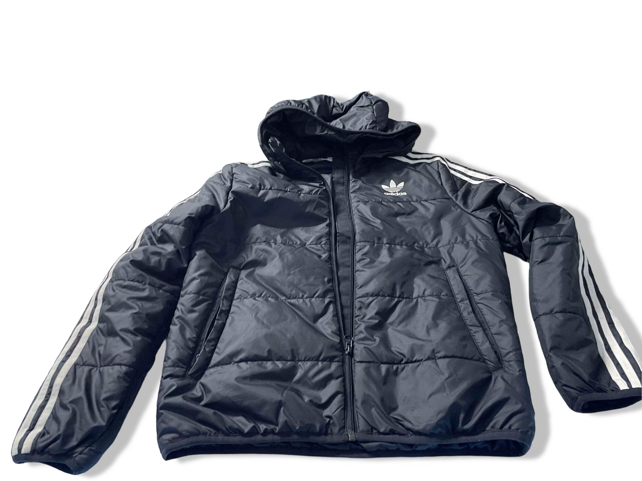 Vintage Women's Adidas adicolor black full zip puffer hoodie jacket in S|L24 W20|SKU 4025