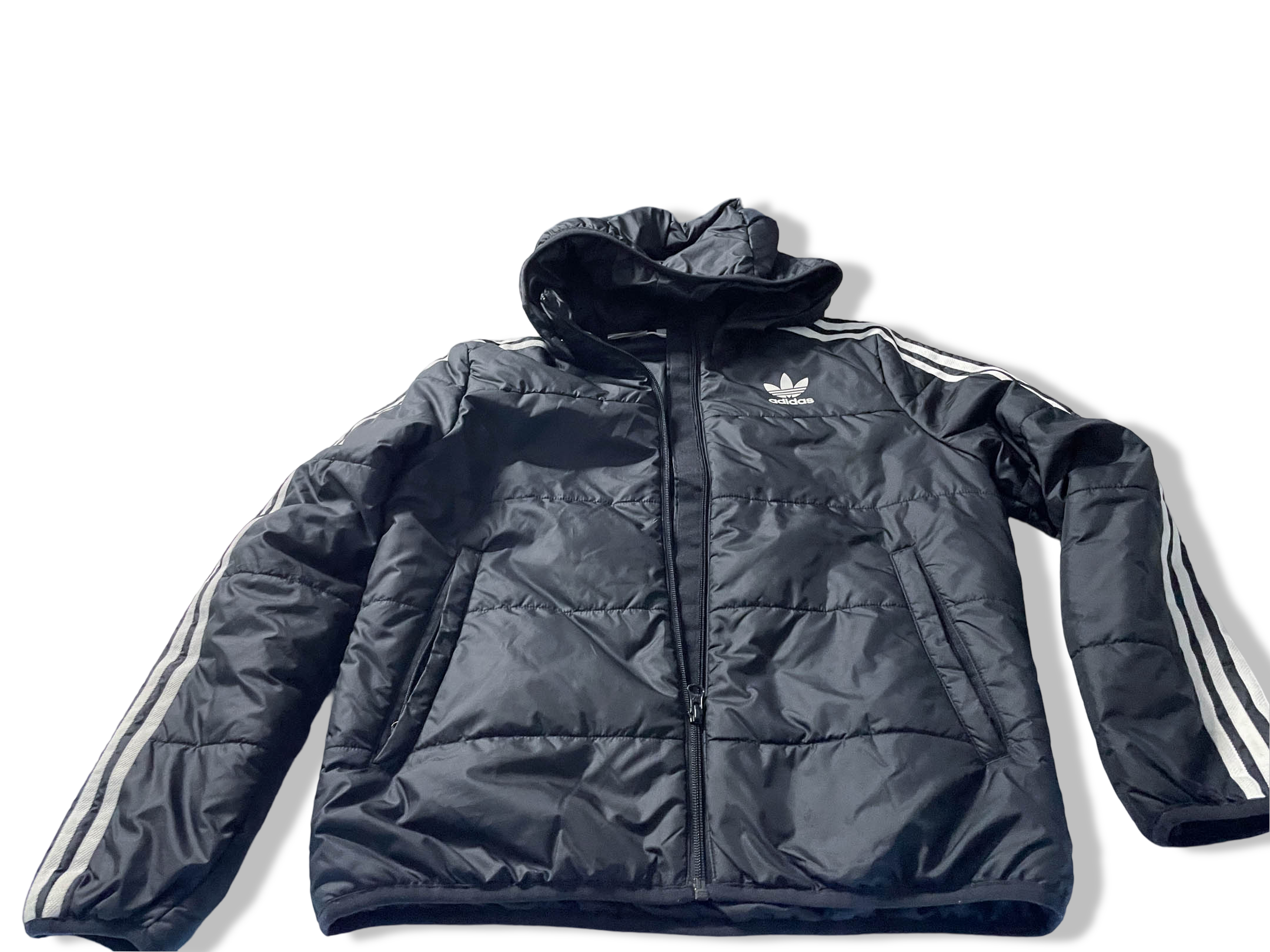 Vintage Women's Adidas adicolor black full zip puffer hoodie jacket in S|L24 W20|SKU 4025