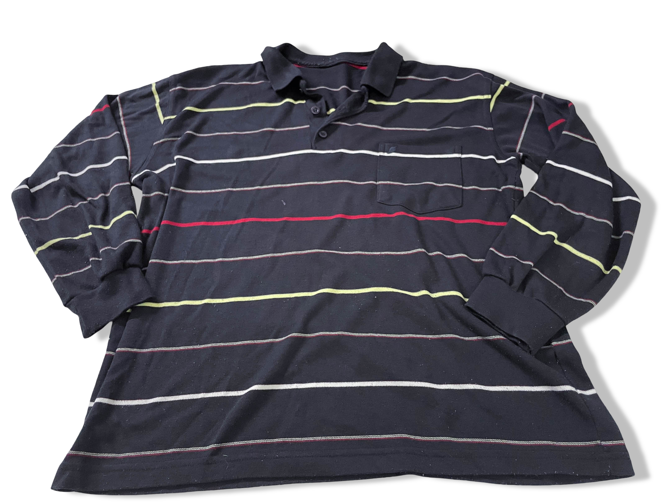 Vintage Men's black multi stripe long sleeve cotton polo in S|L 26 W19| SKU 4146