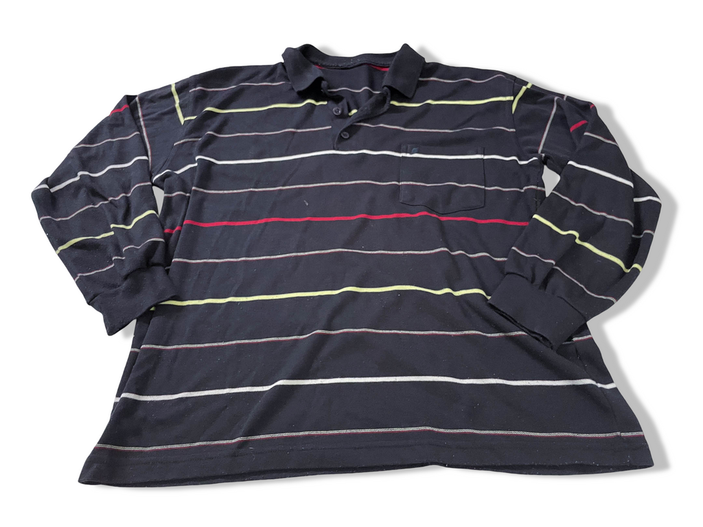 Vintage Men's black multi stripe long sleeve cotton polo in S|L 26 W19| SKU 4146
