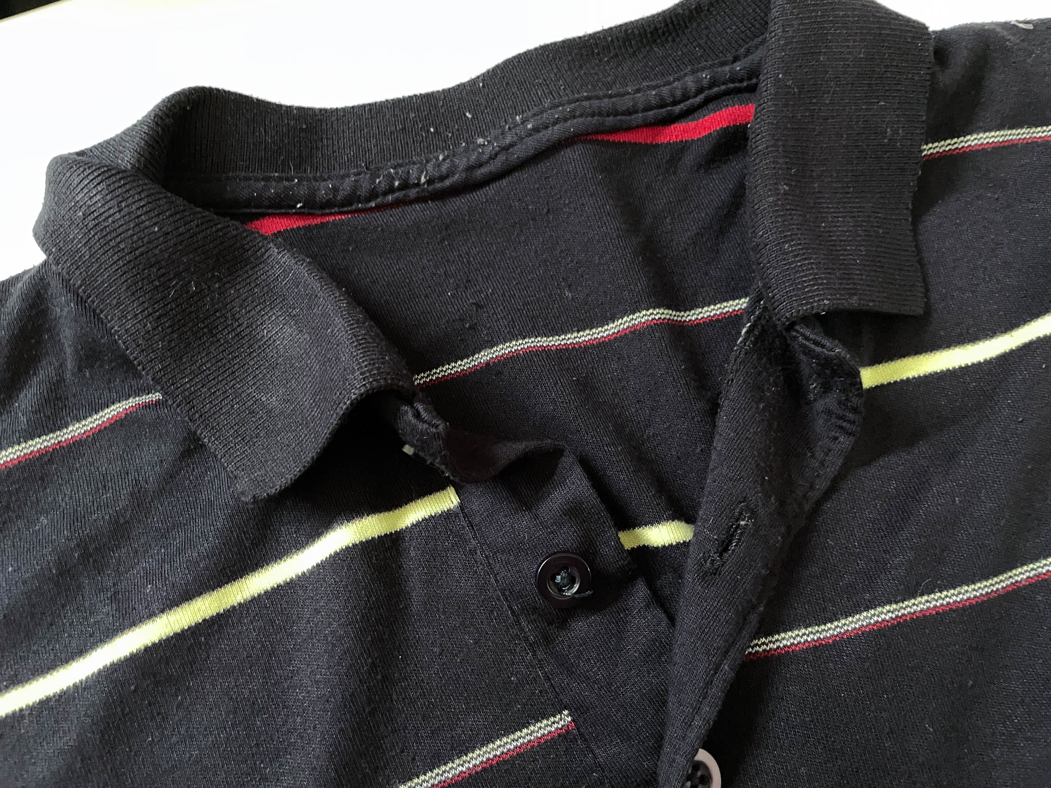 Vintage Men's black multi stripe long sleeve cotton polo in S|L 26 W19| SKU 4146