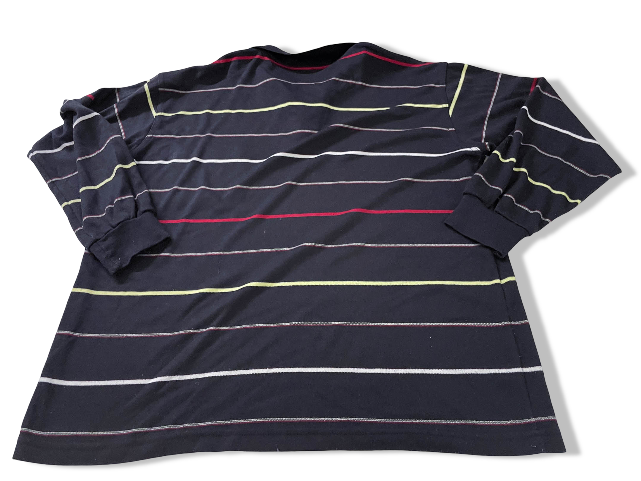 Vintage Men's black multi stripe long sleeve cotton polo in S|L 26 W19| SKU 4146