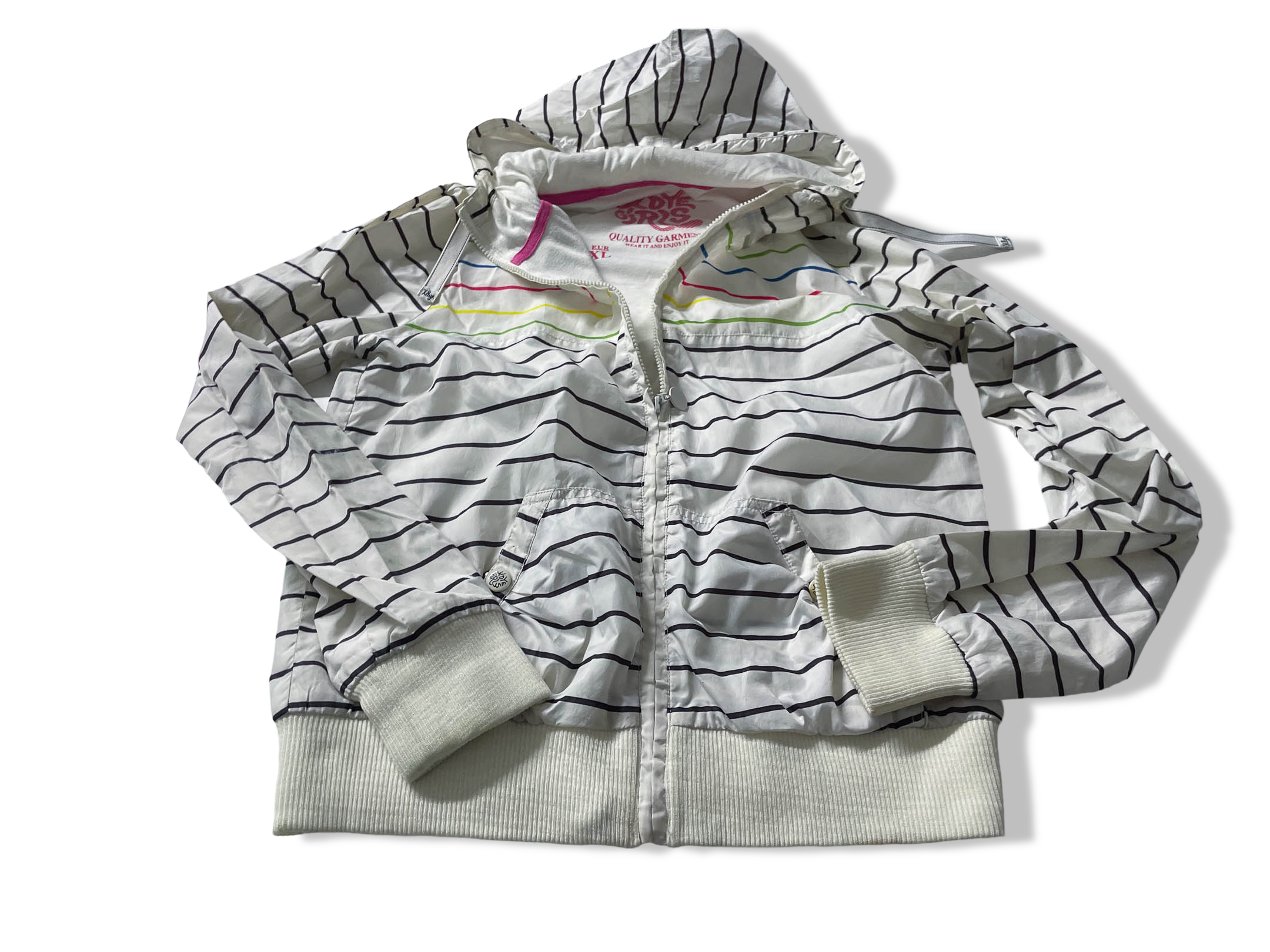 Vintage Women's Pull & Bear XDYE GIRLS White stripe hoodie full zip jacket in XL|L26 W19|SKU 4052