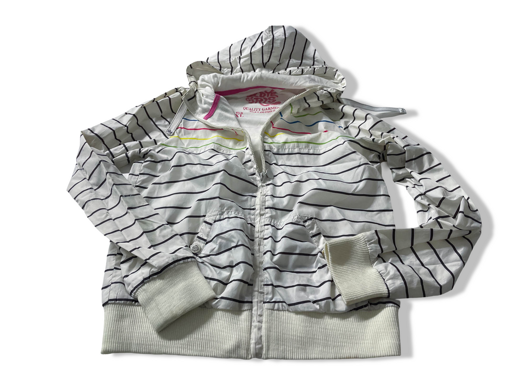 Vintage Women's Pull & Bear XDYE GIRLS White stripe hoodie full zip jacket in XL|L26 W19|SKU 4052