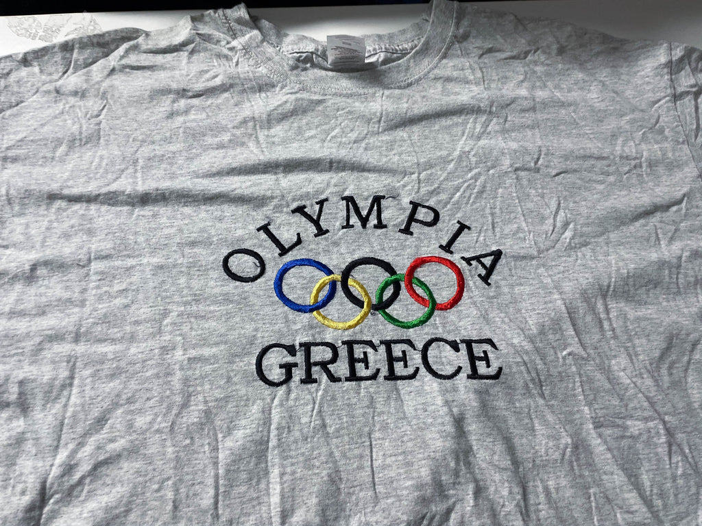 Vintage Men's Grey Fruit of the loom Olympia Greece logo Graphics tees in XL|L28W23|SKU 4054