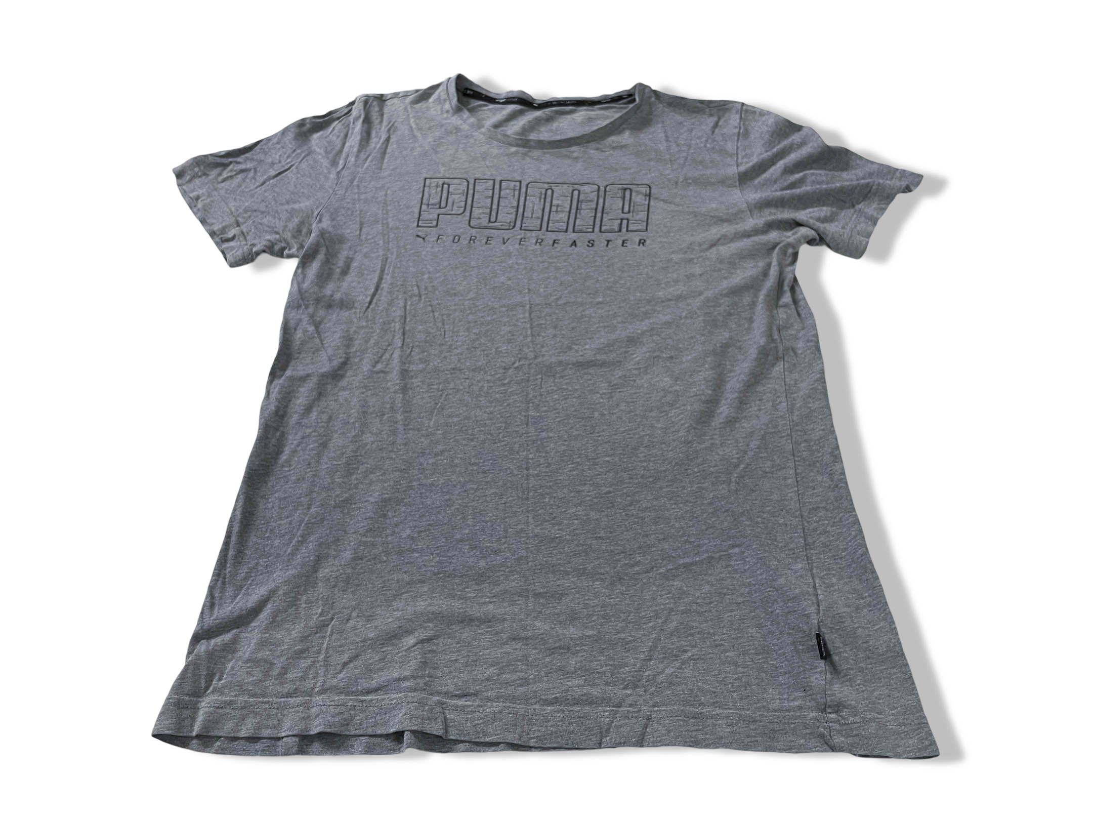 Vintage Men's Puma forever faster print grey tees in S|L28 W20|SKU 4148