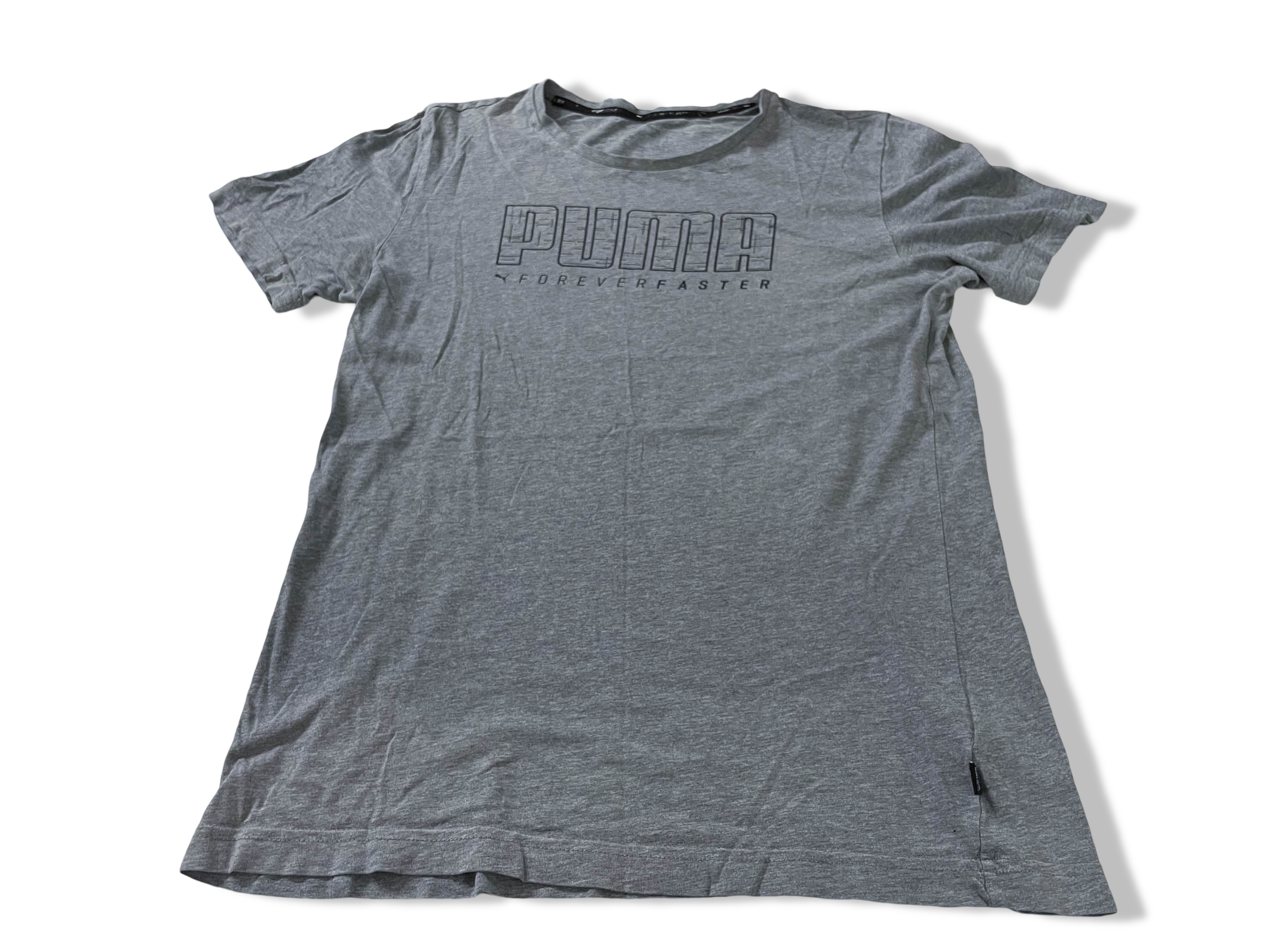 Vintage Men's Puma forever faster print grey tees in S|L28 W20|SKU 4148