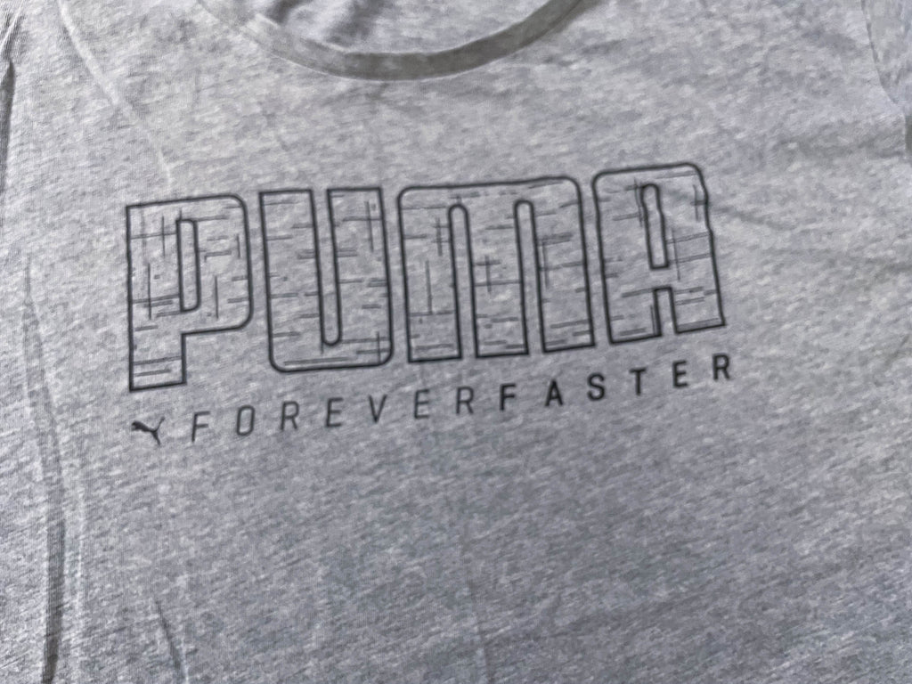 Vintage Men's Puma forever faster print grey tees in S|L28 W20|SKU 4148