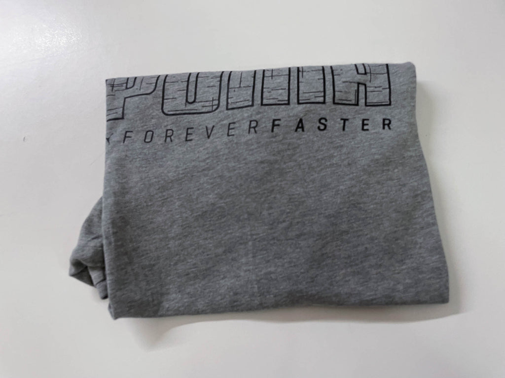 Vintage Men's Puma forever faster print grey tees in S|L28 W20|SKU 4148