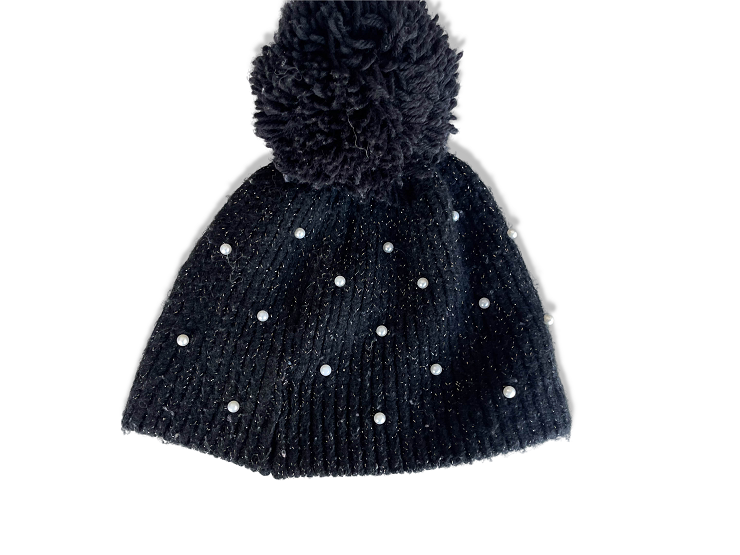 Vintage women's woolen pearl black knitted beanie cap| SKU 4337
