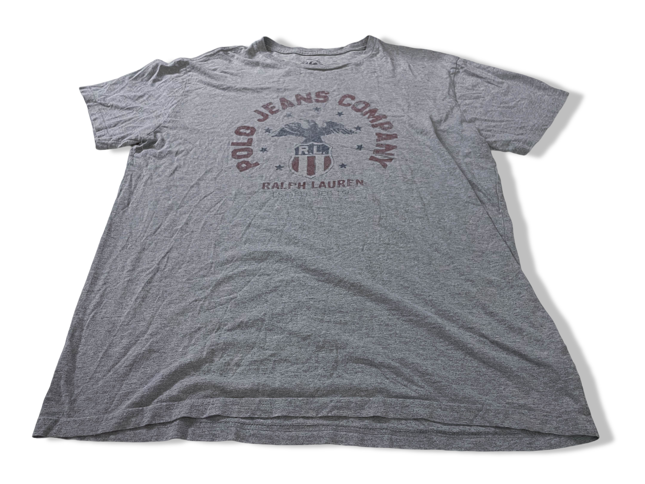 Vintage Men's Polo Jeans Company Ralph Lauren Graphics grey tees in XL|L30 W23|SKU 4151
