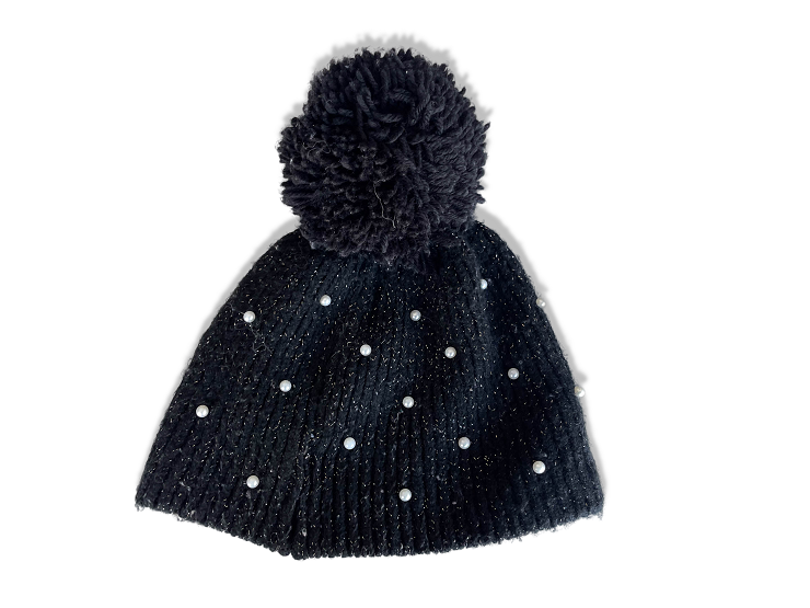 Vintage women's woolen pearl black knitted beanie cap| SKU 4337