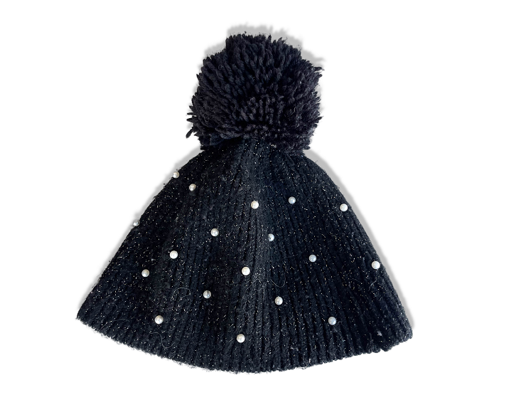 Vintage women's woolen pearl black knitted beanie cap| SKU 4337