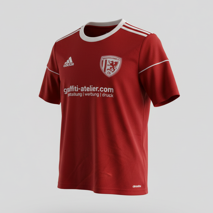 Red sports jersey with Adidas logo on a gray background