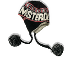 Vintage Amsterdam Braided Womens Earflap Beanie black & white Pompom Hat| SKU 6344