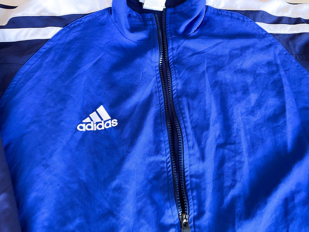Vintage Adidas Climalite full zip blue windbreaker track top in L\XL| L31 W25|SKU 4383