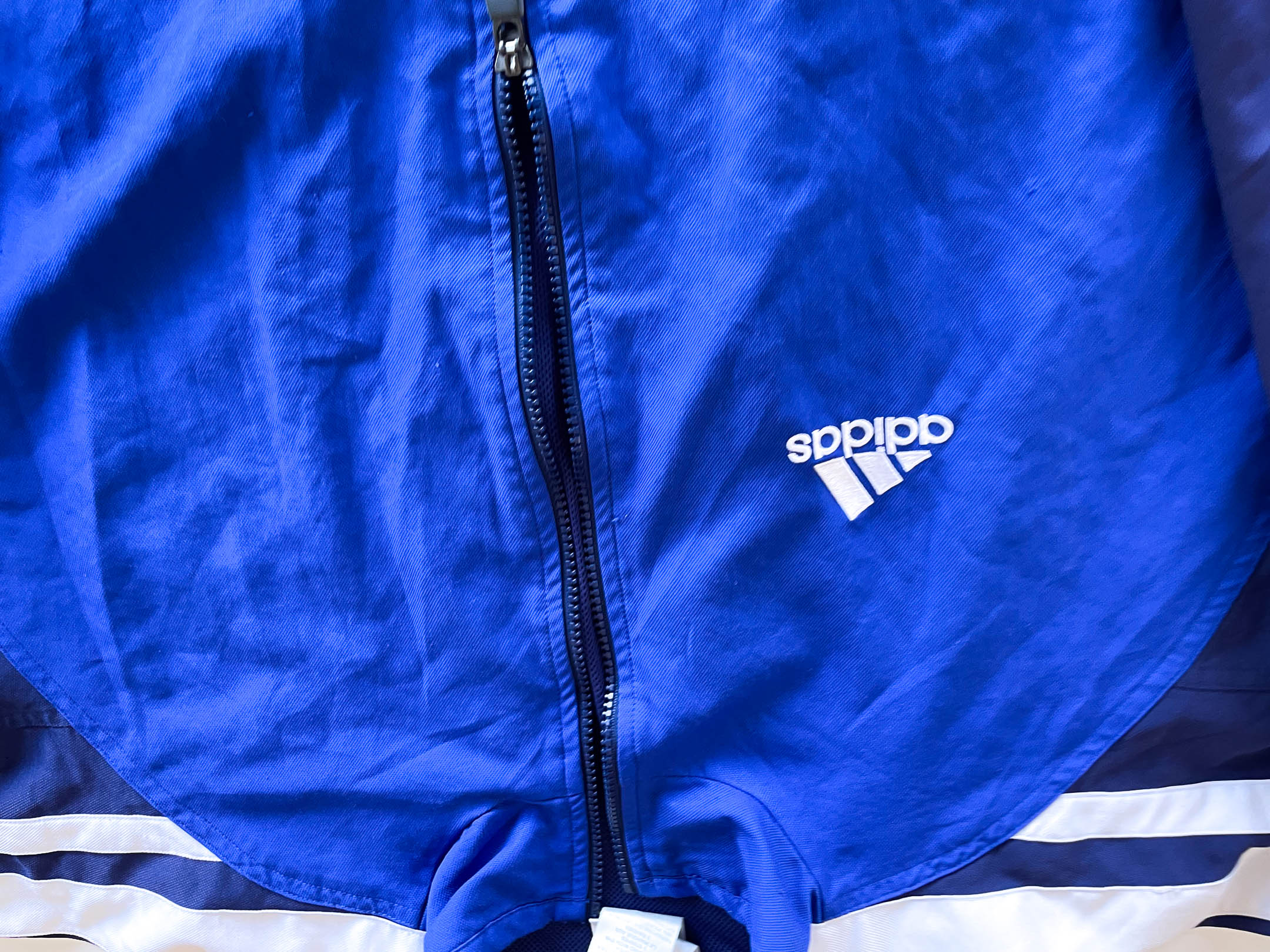 Vintage Adidas Climalite full zip blue windbreaker track top in L\XL| L31 W25|SKU 4383
