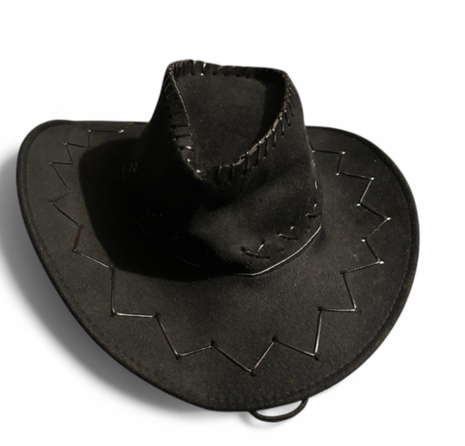 Vintage Cowboy Cowgirl Hat Whipstitched Felt Chin Strap Black Faux Suede SKU6781