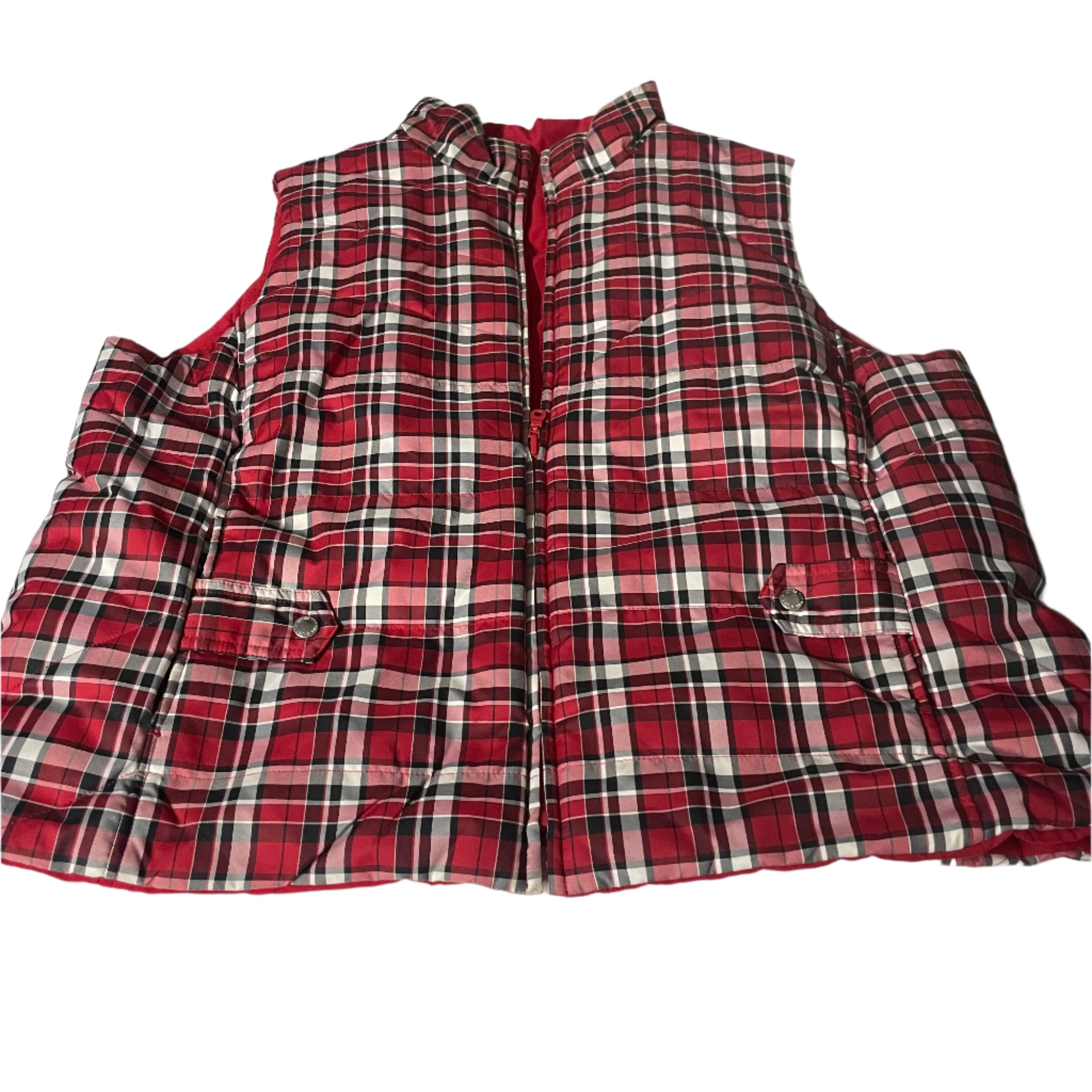 Vintage Jones New York red check polyester padded reversible oversize sleeveless jacket in 2XL|L28 W25|SKU 6534