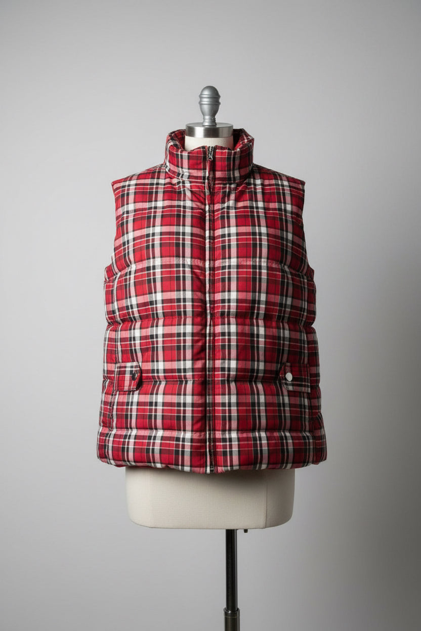 Vintage Jones New York red check polyester padded reversible oversize sleeveless jacket in 2XL|L28 W25|SKU 6534