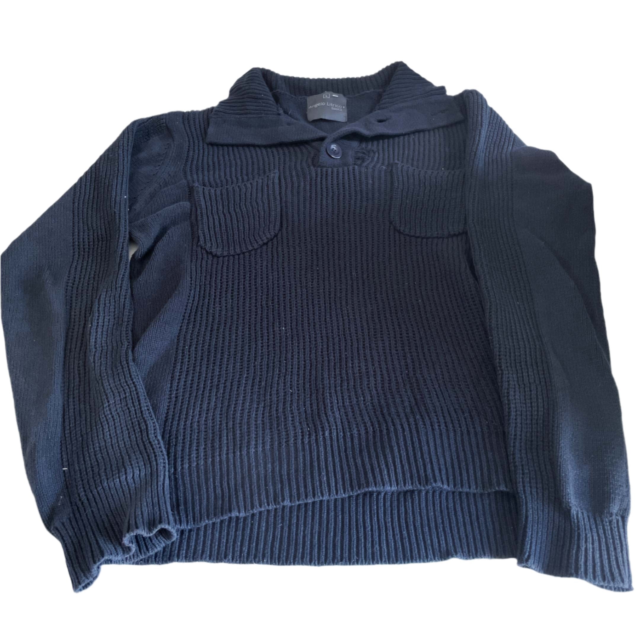 Vintage men Angelo Litrico navy collar button italian double pocket knitted sweater in L|L28 W22|SKU 6413