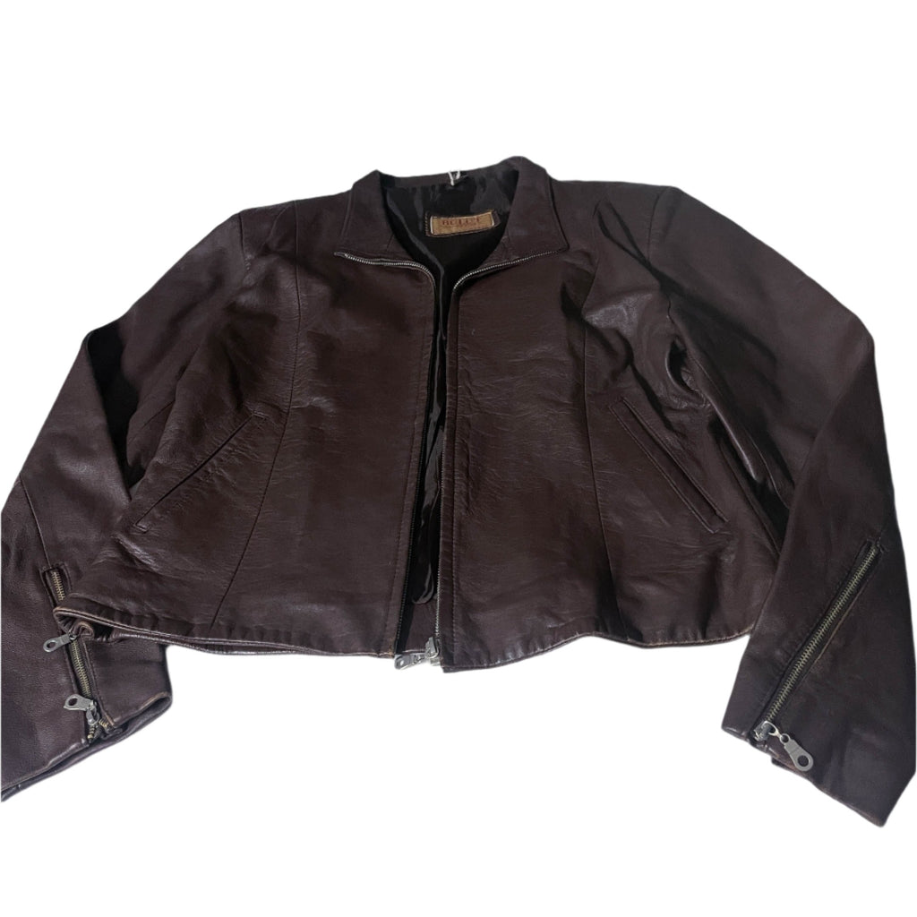 Vintage Y2K womens Bulut brown full zip leather bikers jacket in L|L25W19|SKU 6509