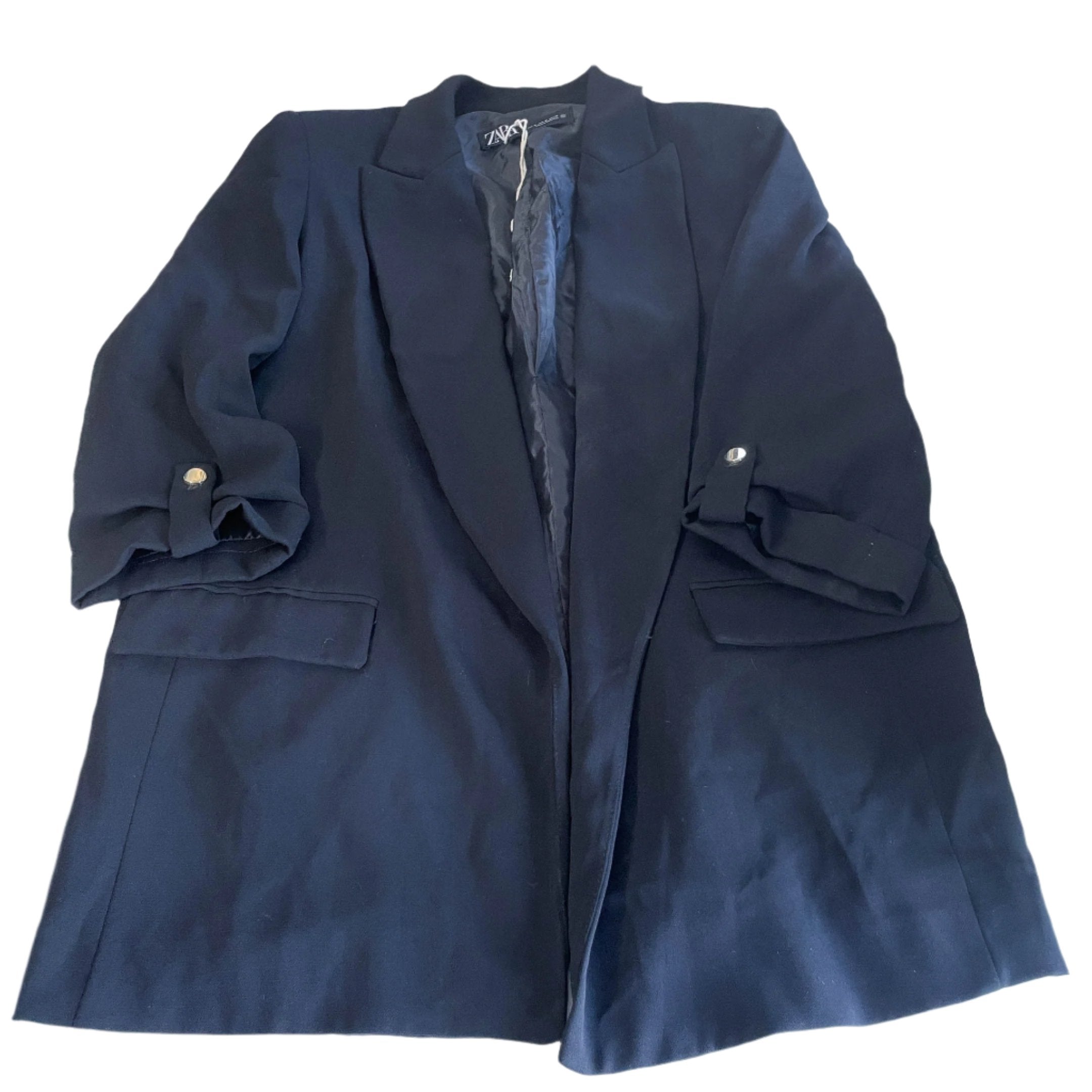 Vintage Zara women navy blue roll up sleeve blazer in L|SKU 6426