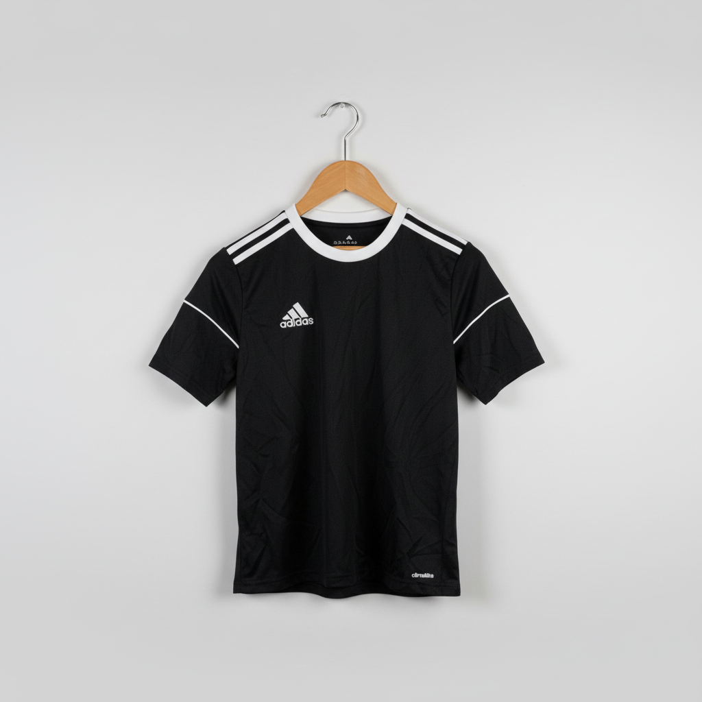 Black Adidas sports jersey on a wooden hanger against a white background