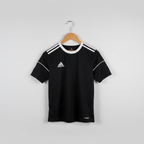 Black Adidas sports jersey on a wooden hanger against a white background