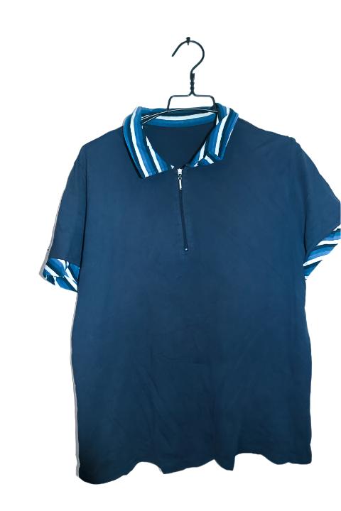 Vintage men 1/4 zip navy blue short sleeve polo shirt in L|L29 W24|SKU 6596