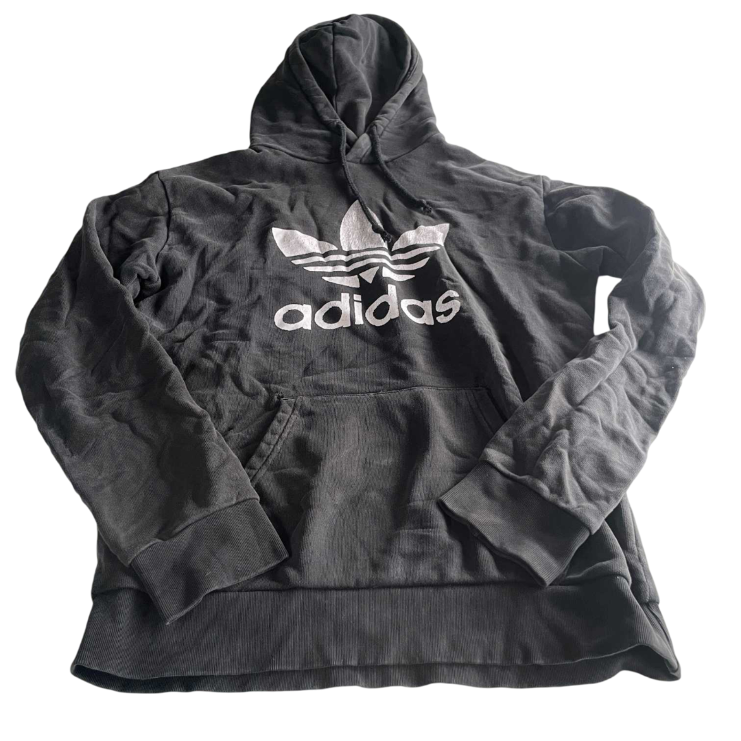 Vintage men Adidas Original big leaf three stripe logo graphics black hoodie in L|L26 W20|SKU 5566