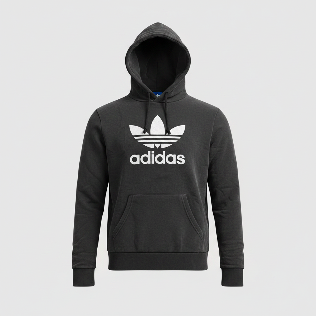 Vintage men Adidas Original big leaf three stripe logo graphics black hoodie in L|L26 W20|SKU 5566
